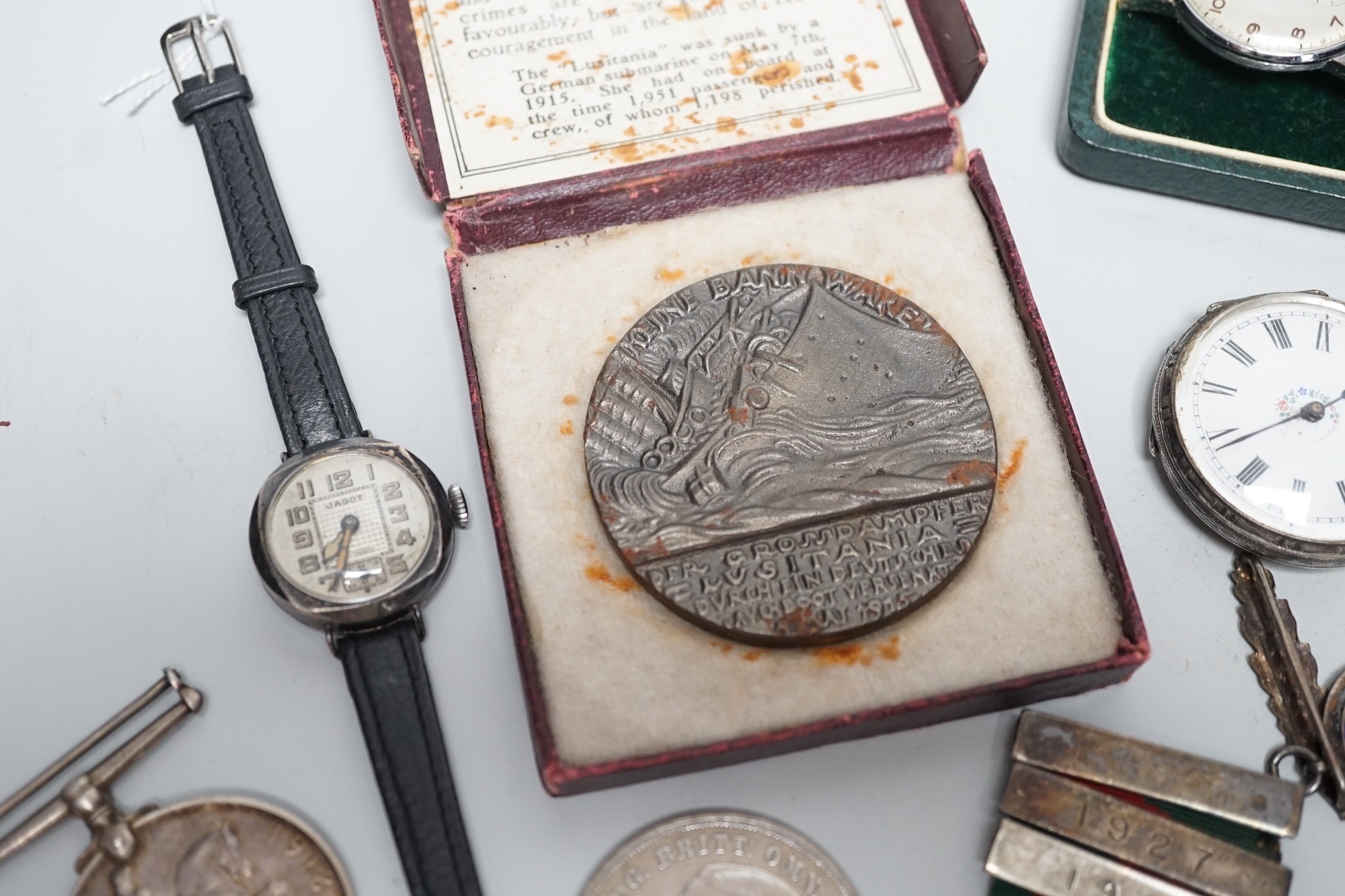 Mixed wrist and pocket watches including a silver cased Audax, a silver cased lady's Jagot and a military Moeris pocket watch, together with assorted medals etc.
